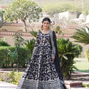 Black Viscose Dyable Jacquard Gown with Russian Silk Sequined Dupatta ? Elegant Party & Wedding Set
