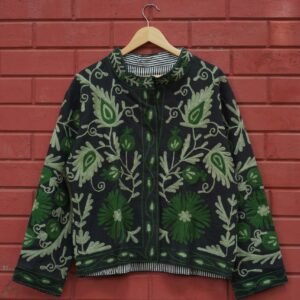 Womens Black Velvet Embroidered Jacket with Floral Design